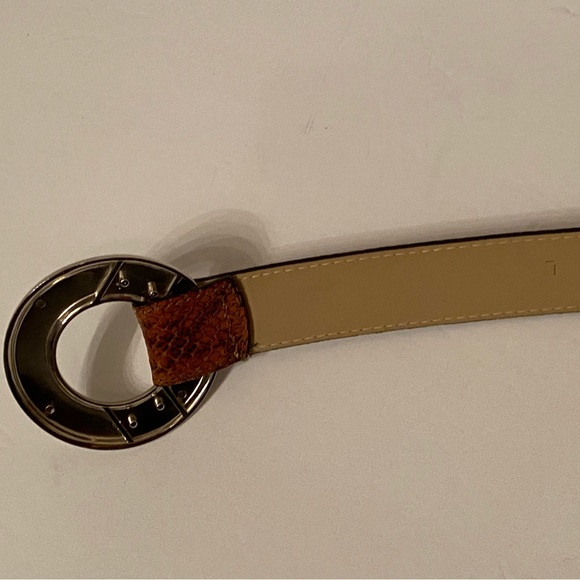 AVIGNON BELT BROWN LEATHER TEXTURED CROC LOOK SILVER O RING BUCKLE SIZE L USA - Picture 9 of 12